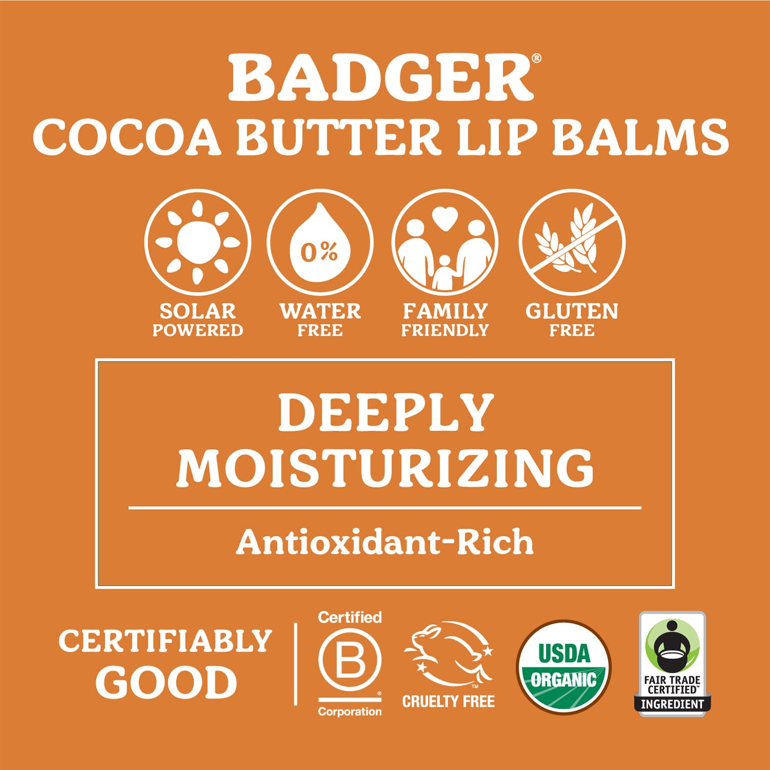 Badger Creamy Cocoa Cocoa Butter Lip Balm, Long Lasting Hydrating Lip Moisturizer, Fair Trade, Large Size Stick, 100% Organic Lip Care, 4-pack