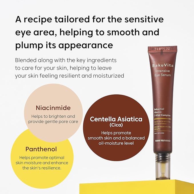 THANKYOU FARMER BakuVita Intensive Eye Serum - Retinol Alternative Bakuchiol, Vitamin C Eye Cream, Vitamin E, Korean Eye Cream for Fine Lines 1.05 Fl oz (30ml)