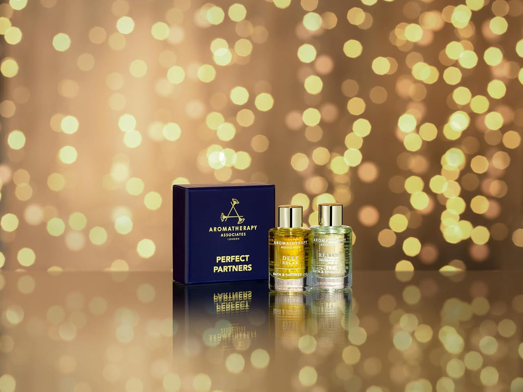 Aromatherapy Associates Perfect Partners Gift Set. 2 Premium Bath and Shower Oils (0.3 fl oz each) in Decorative Gift Box. Includes Deep Relax and Revive Morning Blends