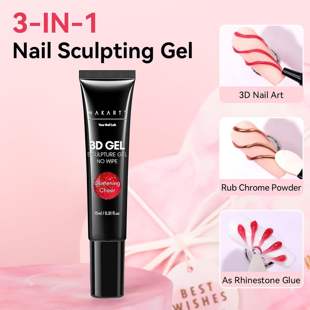 Makartt 3D Gel Nail Art: 3D Sculpting Gel for Nail Art Design 15ml 3 in 1 No Wipe Gel Polish for Drawing Carving Nails Gel, Molding Embossed Gels for Nail Decoration DIY Manicure - Glistening Cheer