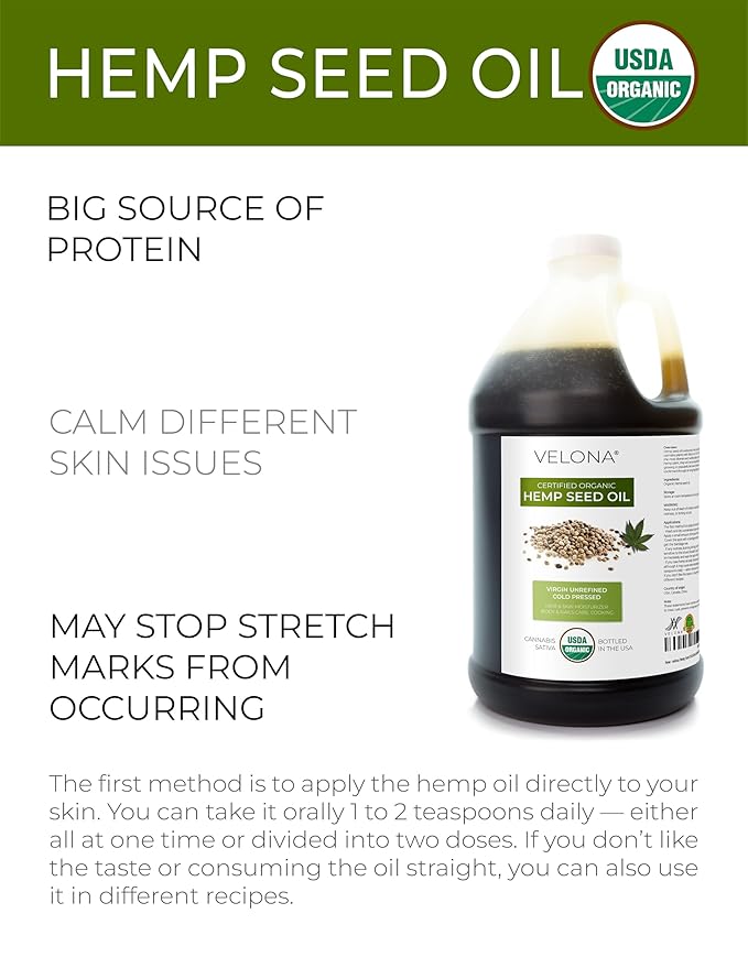 velona Hemp Seed Oil USDA Certified Organic - 64 Fl Oz | 100% Pure and Natural Carrier Oil | Unrefined, Cold Pressed | Hair, Body, Face & Skin Care