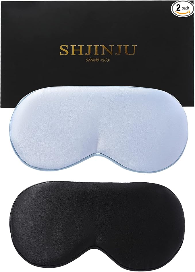 2-Pack 100% Real Natural Silk Eye Mask, Silk Sleeping Mask, Shade Puffy Eye Gift with Adjustable Straps, Sleep Eye Mask, SHJINJU Eye Mask Shade (Black and Light Blue)