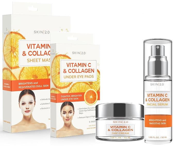 Vitamin C and Collagen Beauty Value Set - Serum, Moisturizer, Under Eye Pads & Face Sheet Masks