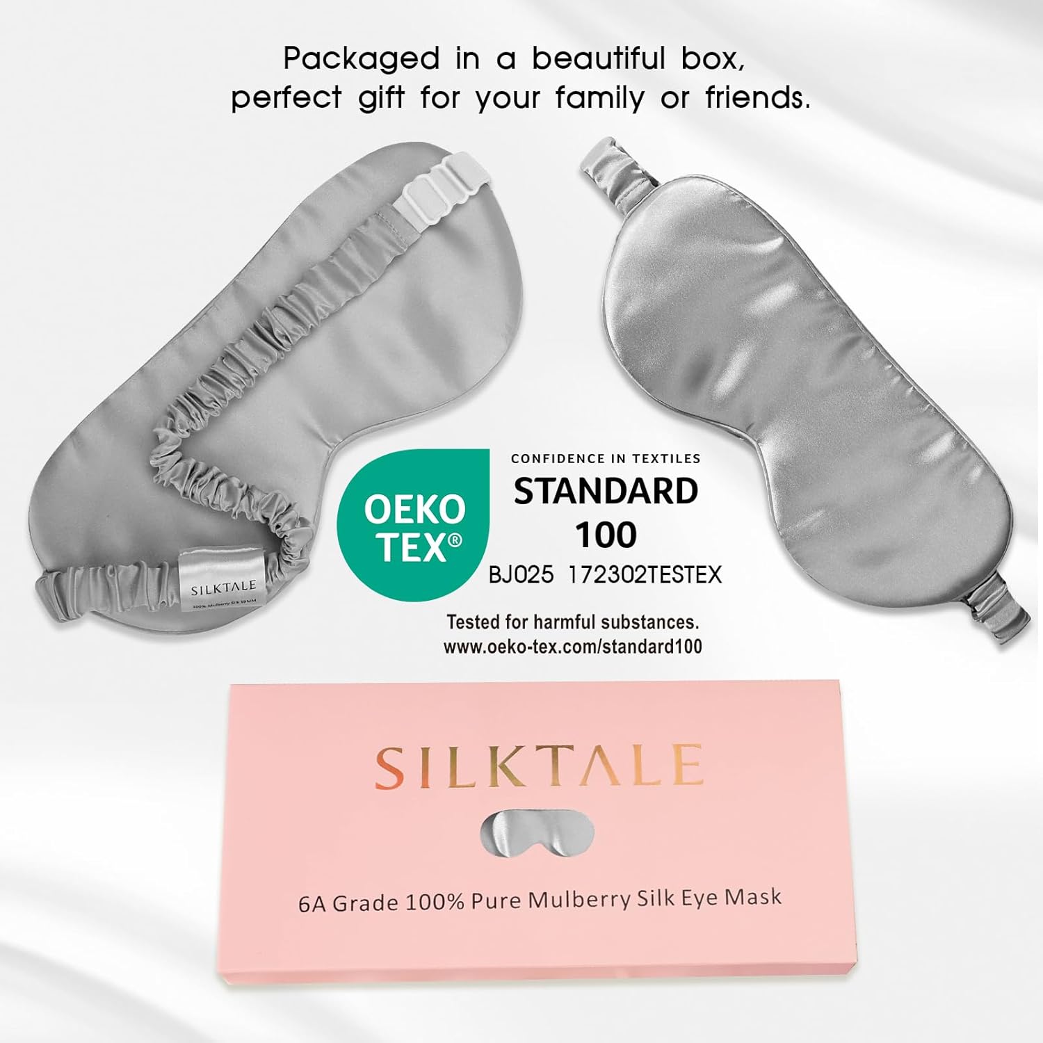 100% Mulberry Silk Eye Mask for Sleeping with Silk Wrapped Adjustable Strap,Silver Gray