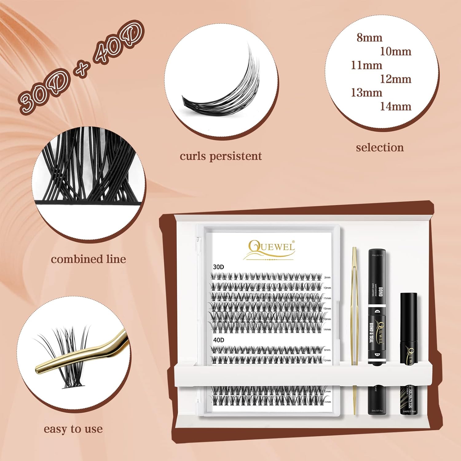 QUEWEL Lash Clusters Kit, 240 Pcs Lash Clusters 30D+40D DIY Lash Extensions Kit with Applicator Tool, Bond and Seal Super Hold, Glue Remover Easy to Apply at Home(30D+40D D MIX8-14)