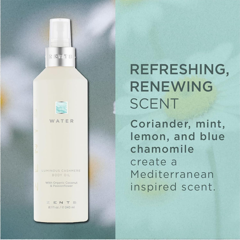Zents Luminous Cashmere Body Oil (Water Fragrance) | Moisturizing Body Oil with Vitamin E & Organic Coconut Oil | Softens & Smooths Skin | 8 fl oz