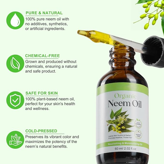 Organic Neem Oil for Skin 2.02 fl.oz, 100% Pure Natural Cold Pressed Unrefined Virgin for Hair Growth, Skin& Body Care, Nails, Nourishes the Hair, Natural Moisturizer, Reduces Fine Lines