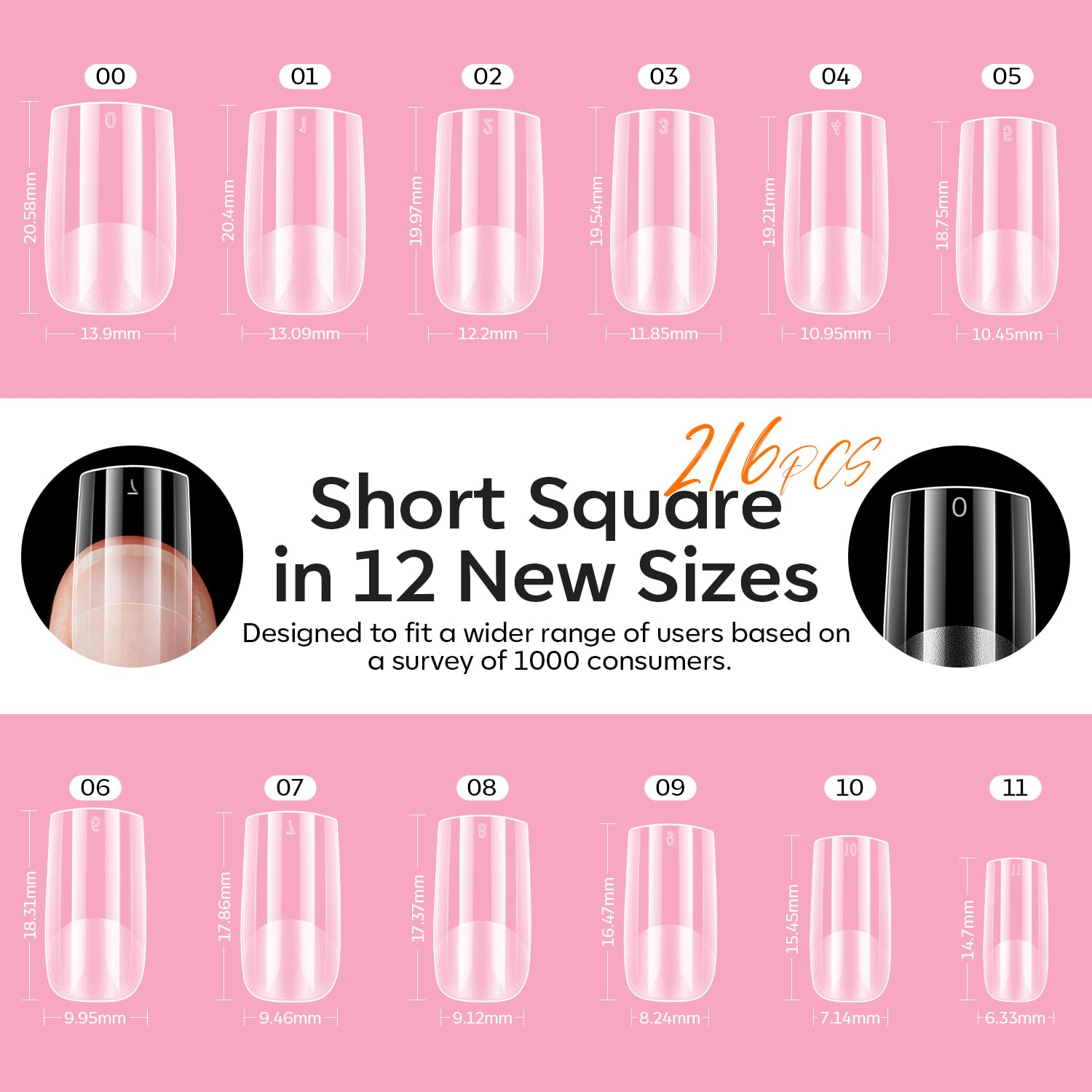 modelones Short Square Gel Nail Tips Kit, 9-in-One Nail Glue with Portable U V Lamp 216Pcs 12Sizes Pre-Etched Press ons Fake Acrylic Extension Kit DIY Salon Gift for Women