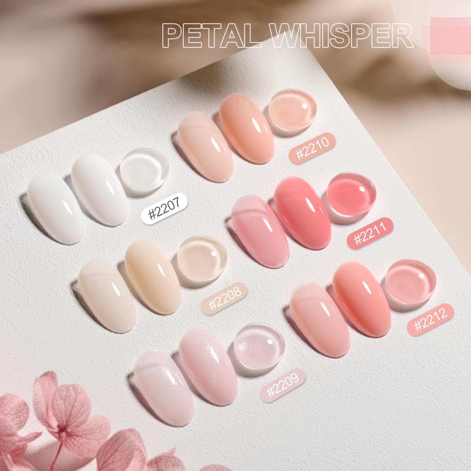 GAOY 6 Colors Rubber Base Gel Set, Jelly Builder Base Nail Gel Sheer Nude White Pink, 2-in-1 Soak Off Nail Strengthener, Petal Whisper