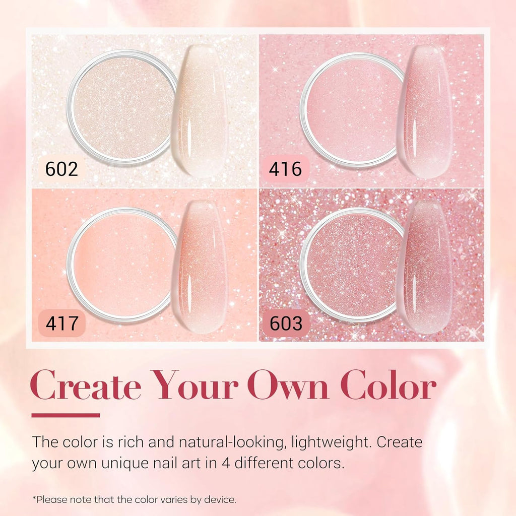 AZUREBEAUTY Jelly Dip Powder Nail Kit, Transparent Glitter Nude Pink Sheer Peach Neutral 4 Colors Dipping Powder Liquid Set with Base/Top Coat Activator for French Nail Art Manicure DIY Home Gifts