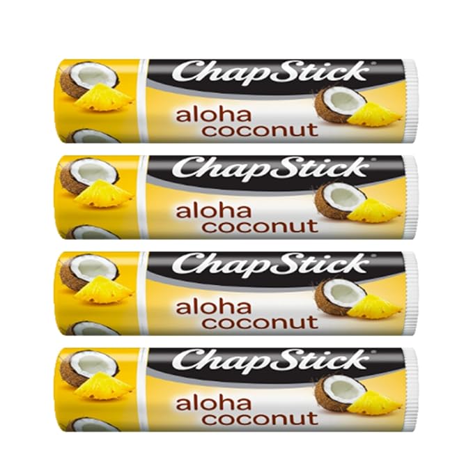 Set of 4 Lip Balms in Aloha Coconut Flavor from Chapstick, Plus Bonus Lip Balm Holder Keychain (Pink). Limited Edition Flavor from the Tropical Paradise Collection, Unique Gift Bundle from Tiny Seed