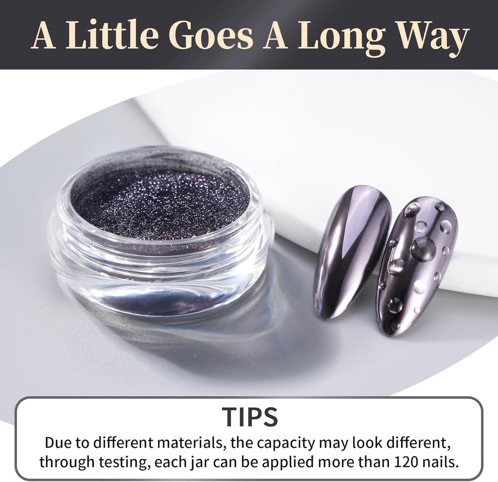 Pretty Diva Chrome Nail Powder - Silvery Black Mirror Effect Chrome Nail Powder, Premium Metallic Mirror Chrome Powder Pigment for Nail Art Decoration