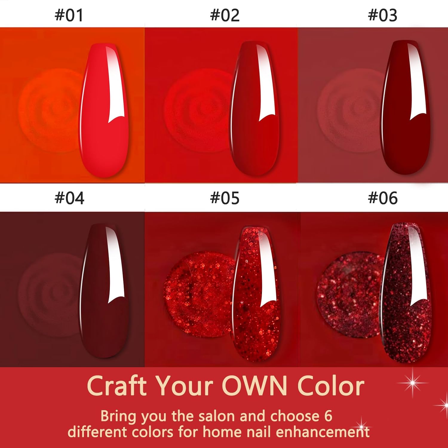 Dip Powder Set, Honey Joy 6 Colors Classic Red Collection Glitter Dipping Powder Set Nail Art Manicure DIY Salon Home Gifts for Women, No Need Nail Lamp Cured, DP-T