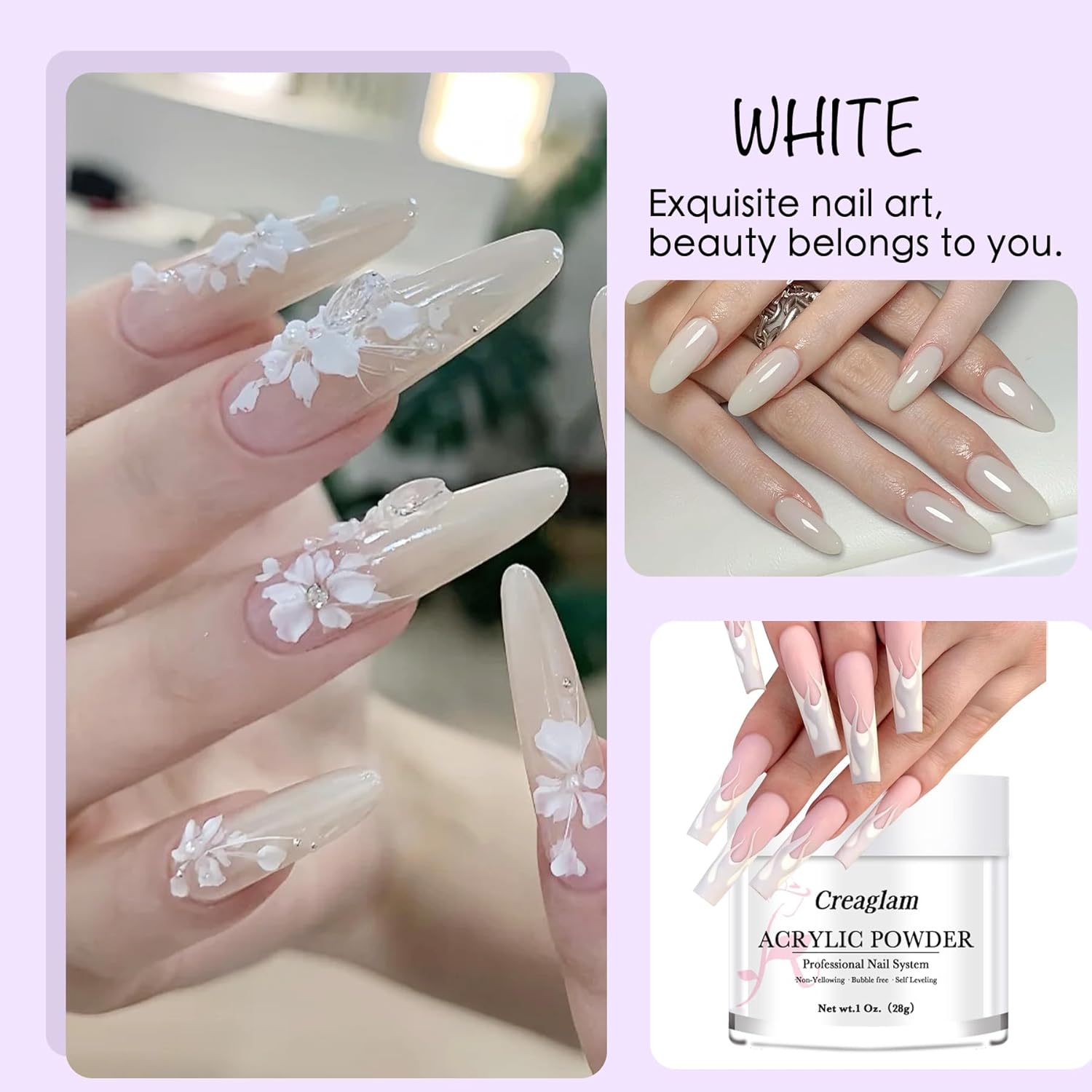 Cover Acrylic Powder for Nail: 3 Pcs Super Acrylic Nail Powder Polymer for Carving Nails - 28g Clear White Nude Professional Colored Acrylic Powder Kit - 3D French Nail Manicure Extension