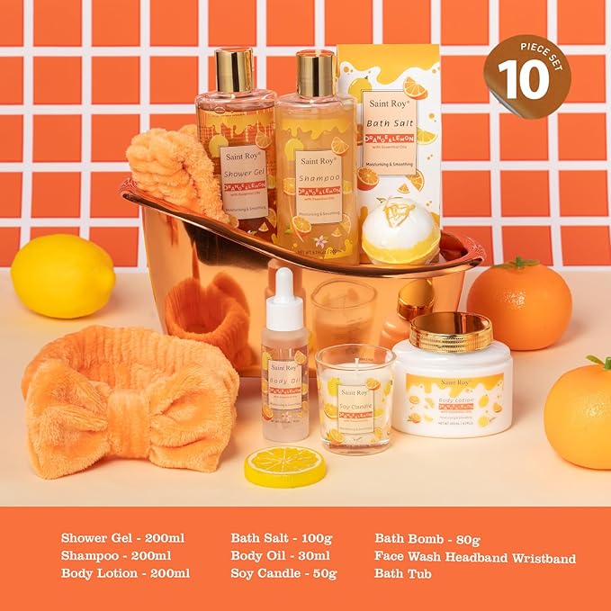 Orange Scents spa gift set Great Gift Lemon Spa Gifts for girls, Body care Set Birthday Gifts, Gift Baskets for Women, 11pcs Bath Gift Set for Women, Self Care Spa Kit Lemon Citrus Spa Gift Basket