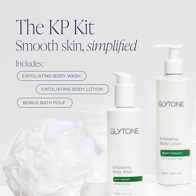 Glytone KP Kit – Exfoliating Body Wash, Glycolic Acid Lotion & Shower Pouf for Keratosis Pilaris – Smooth Rough Bumpy Skin, Fragrance-Free Skincare Routine for Dry Skin & Chicken Skin – Routine Kit