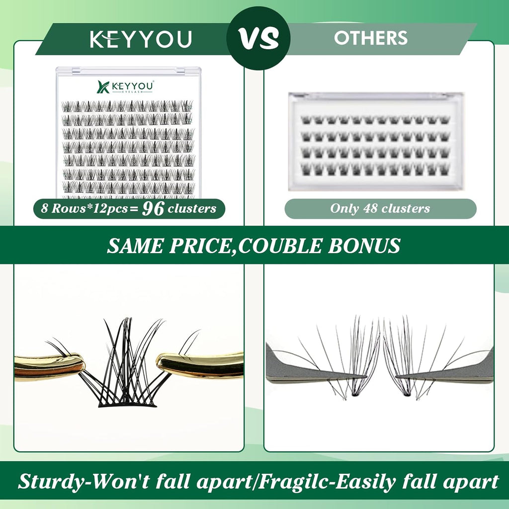 Lash Clusters,96 Pcs Cluster Lashes D Curl 12mm DIY Lash Extensions Eyelash Clusters,KEYYOU Volume Wispy Individual Lashes Soft&Comfortable Easy DIY at Home(Y09,D-12mm)