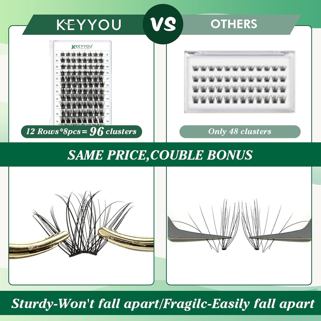 Lash Clusters 96pcs Individual Lashes D Curl 12mm Eyelash Clusters KEYYOU Volume Wispy Lash Extension Soft&Comfortable Easy DIY at Home(Y08,D-12mm)