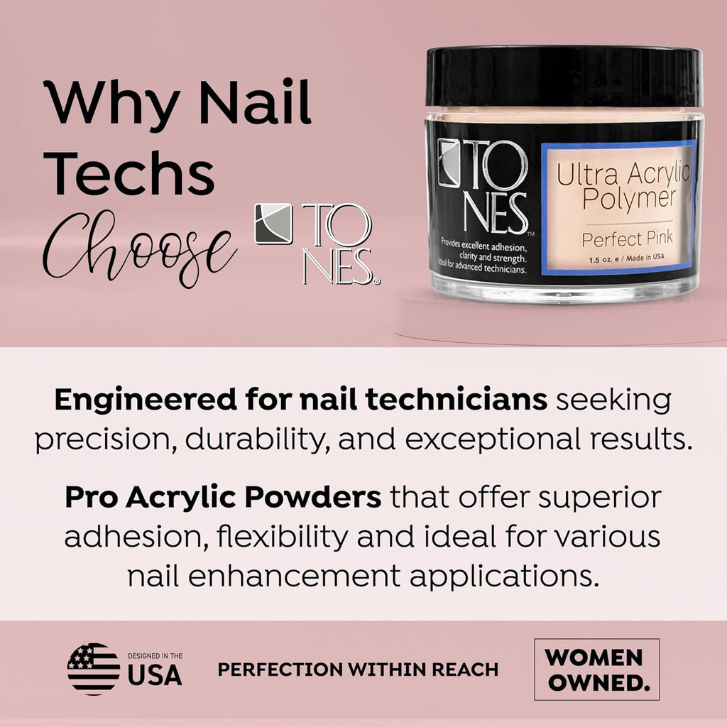 Tones Pro Acrylic Nail Powder, Perfect Pink (Soft Pastel Pink), (1.5 Fl Oz) - Long-Lasting & Non-Yellowing Polymer for Salon Quality Nail Extensions & 3D Art