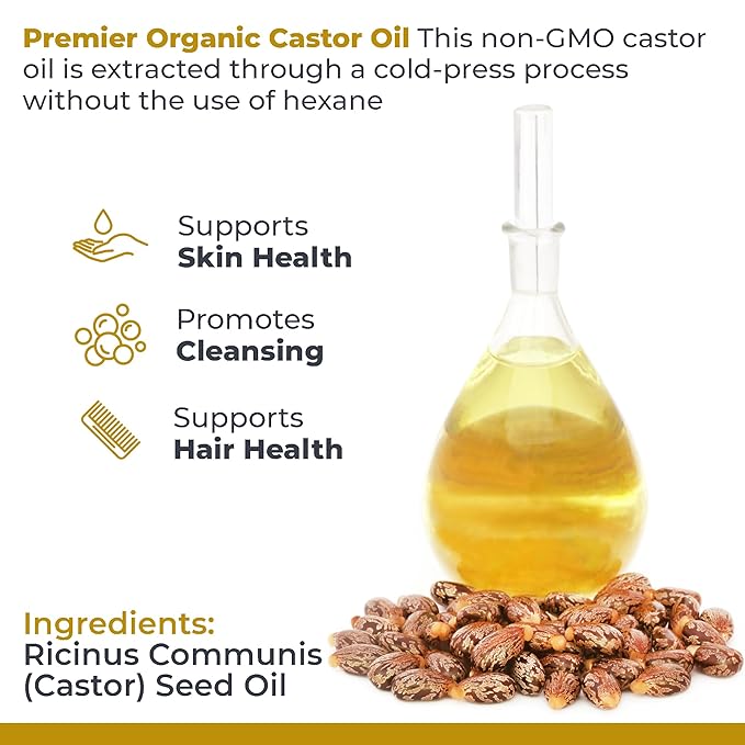 Premier Research Labs Castor Oil - Cold Pressed & Hexane-Free Castor Oil - Body Oil for Dry Skin & Hair - Castor Oil for Body Moisturizer - Pure Vegan & Non-GMO - 8 fl oz