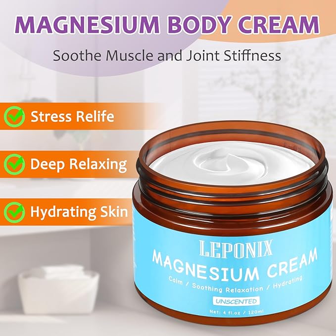 LEPONIX Magnesium Cream for Sleep - Topical Magnesium Lotion for Muscle Relaxation, Leg Cramps, Pain Relief & Better Sleep, Soothing Magnesium Body Butter for Adults & Kids (120ml, Unscented)