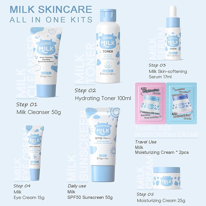Milk Skincare Kit, Skin Care Kit Hydrating Skin, Facial Skin Care Routine Kit for Women/Girls, Face Skin Care Set Improves Rough Skin & Shrinks Pores Travel Size Facial Kit Gift Set for Women 8-Pack