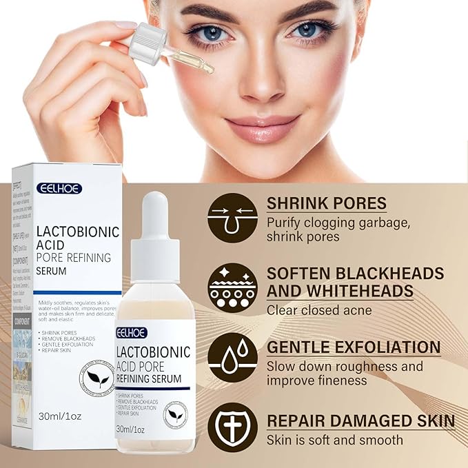 Lactobionic Acid Pore Refining Serum,Minimize Pores Serum Gentle Formula Clean Pore Shrink Pore Firming Skin Reduce Fine Lines Facial Liquid for All Skin