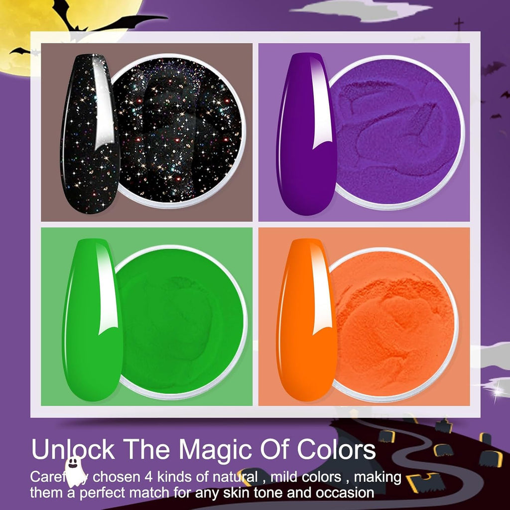 Honey Joy Dip Powder Nail Kit Starter, 4 Colors Halloween Witch Black Pumpkin Orange Mystic Purple Dipping Powder Liquid Set with Base Top Coat for Nail Art Manicure Salon DIY, Dip-7pcs-No.10