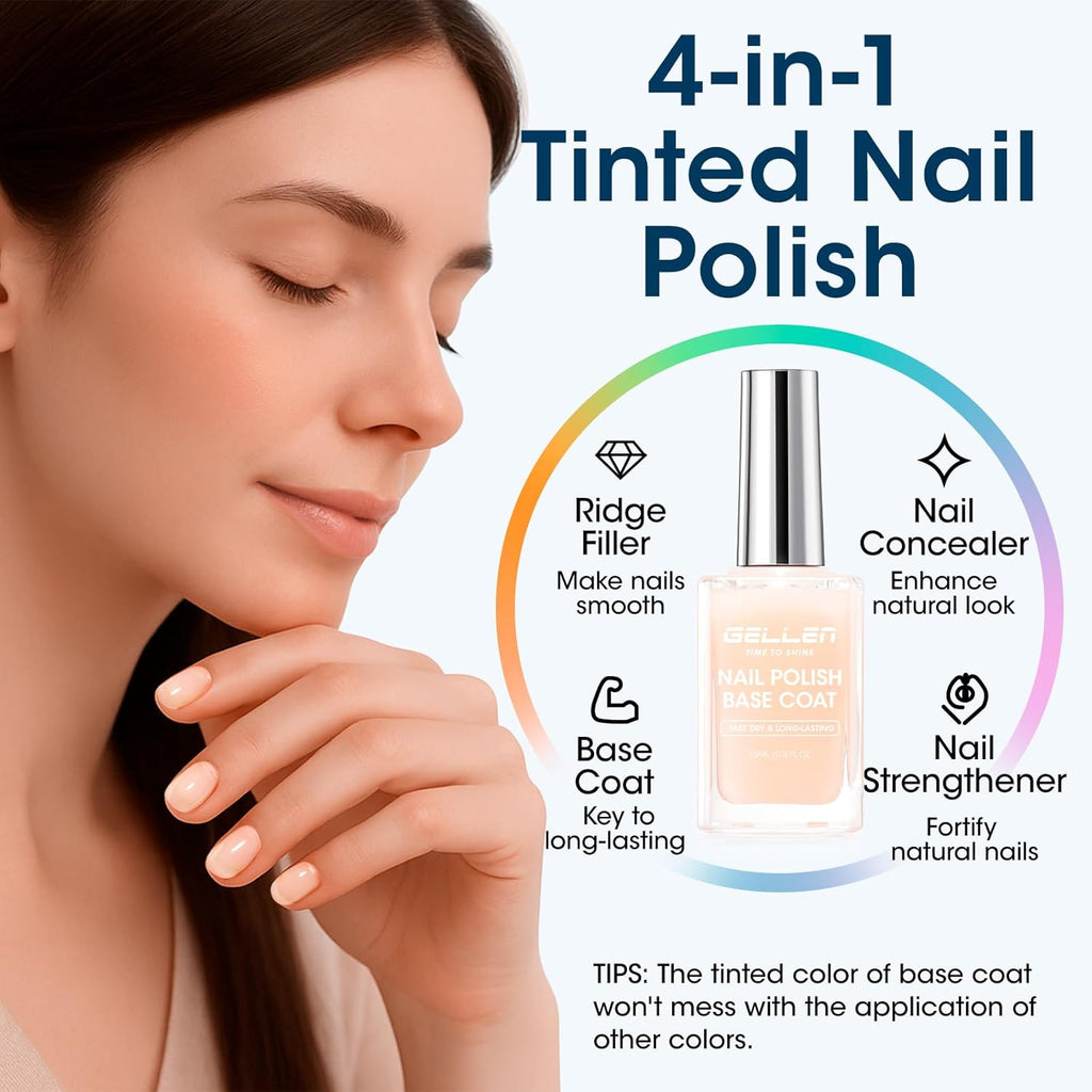 GELLEN 4‑in‑1 Clear Nail Polish Base Coat Sheer Tinted Cream Milky, Ridge Filler For Nails, Nail Strengthener Concealer, Calcium Formula Smoothes Strengthens Nails, Enhances Natural Look, HEMA Free