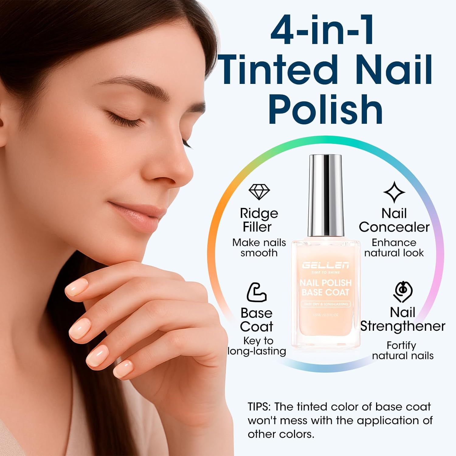 GELLEN 4‑in‑1 Clear Nail Polish Base Coat Sheer Tinted Cream Milky, Ridge Filler For Nails, Nail Strengthener Concealer, Calcium Formula Smoothes Strengthens Nails, Enhances Natural Look, HEMA Free