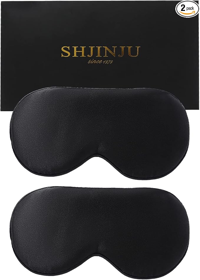 2-Pack 100% Real Natural Silk Eye Mask, Silk Sleeping Mask, Shade Puffy Eye Gift with Adjustable Straps, Sleep Eye Mask, SHJINJU Eye Mask Shade (Black and Black)
