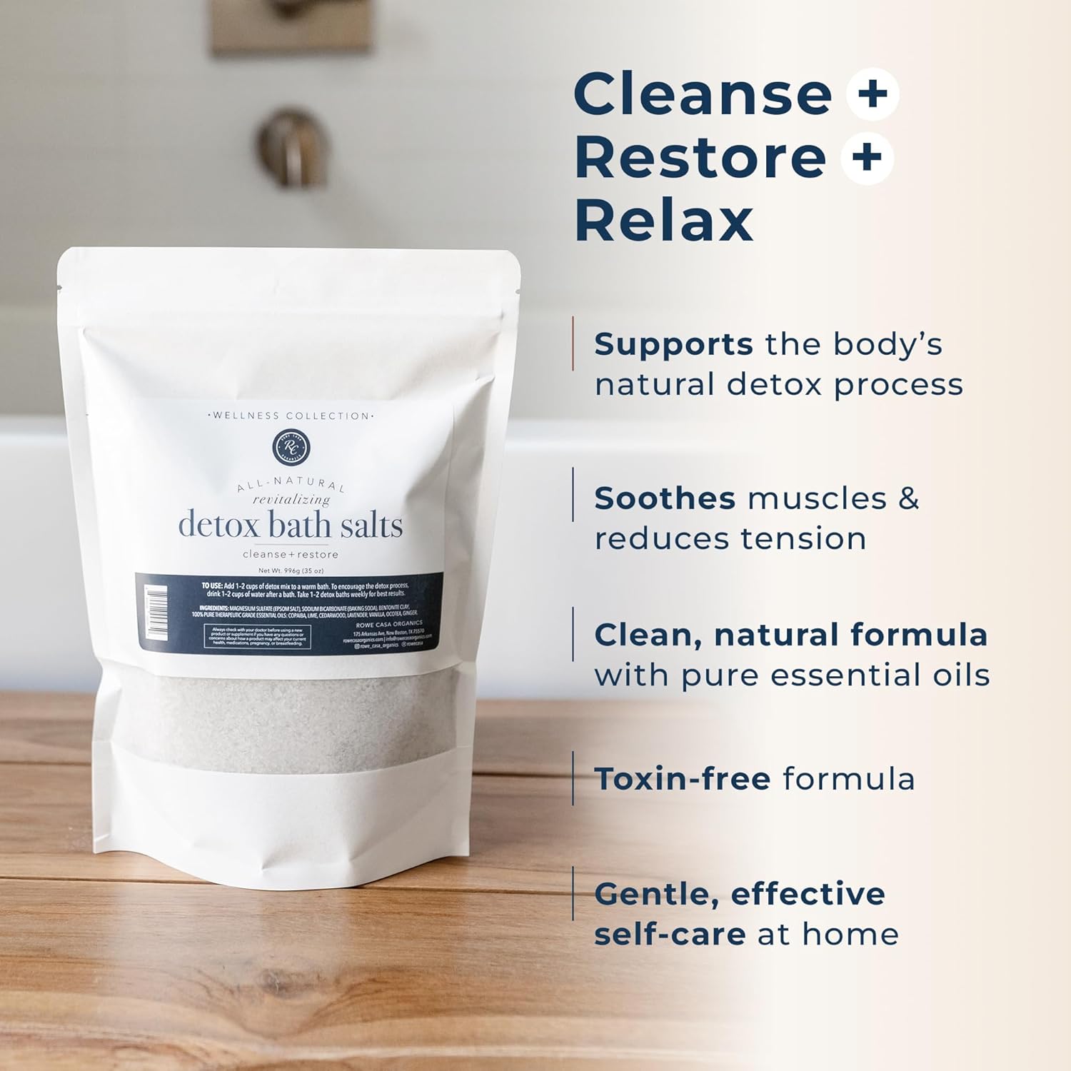 Rowe Casa Organics Detox Bath Salts with Health Boosting Magnesium and Bentonite Clay – Natural Bath Soak for Body Cleanse, Restore, and Relaxation, 35 Oz