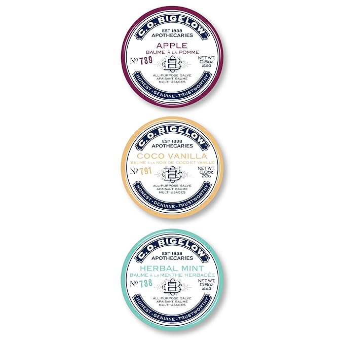 C.O. Bigelow All Purpose Salves, Variety Pack of 3 Lip Balm Tins for Chapped Lips & Dry Skin, Coco Vanilla, Apple, Herbal Mint Moisturizing Lip and Skin Salves, 0.8 oz each