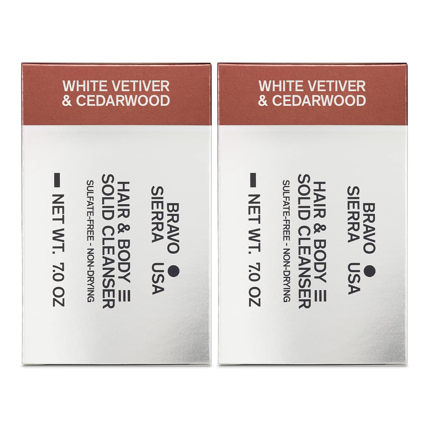 Bravo Sierra Body & Hair Bar, 2-Pack - All-In-One Shampoo & Facial Cleanser with White Vetiver & Cedarwood, 7 oz - Coconut, Shea Butter & Oat Flour for Soft Skin & Healthy Hair