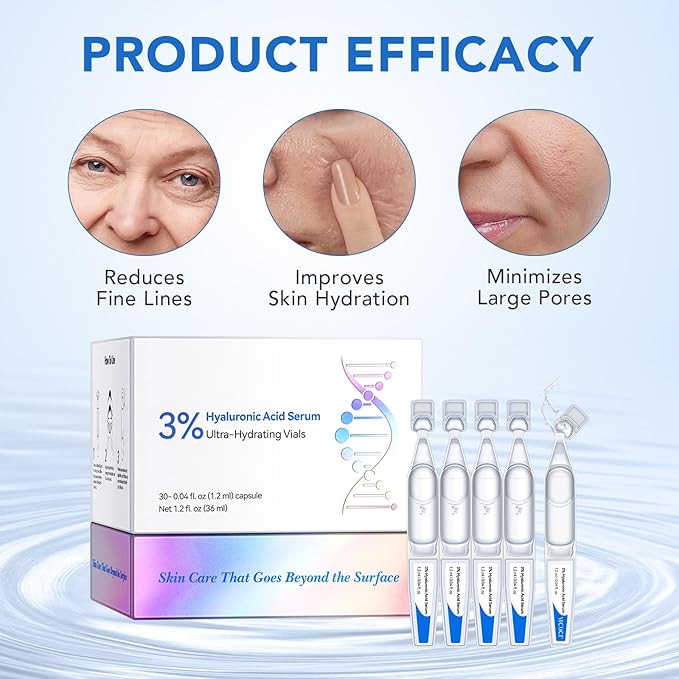 3% Hyaluronic Acid Serum, Ultra Hydrating Serum for face, Hyaluronic Acid Tubes | Pre-makeup SkinCare | Single-Use Hydrating Vials Skincare for Dry & Sensitive skin, 30 Count