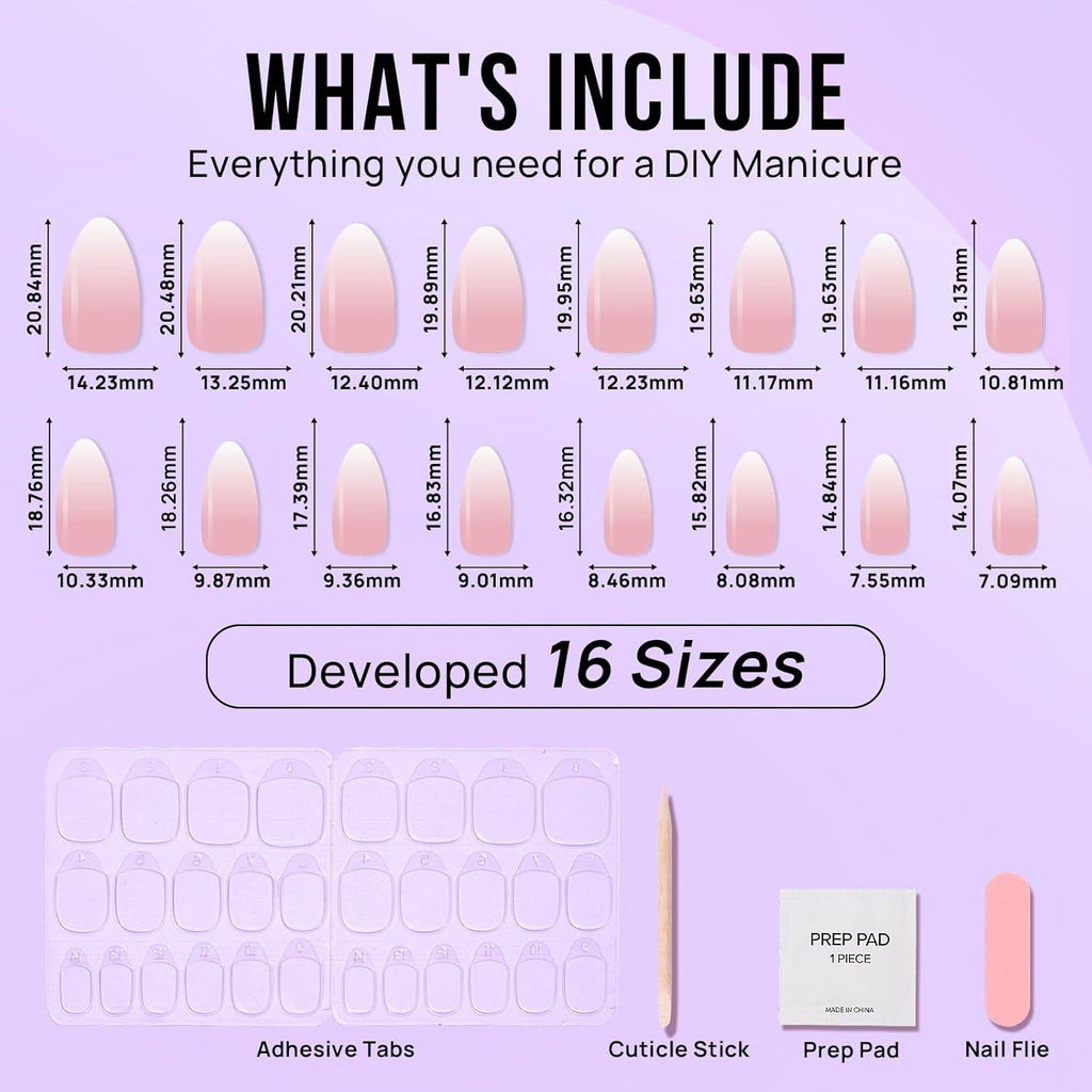 Almond Press On Nails Medium - BTArtbox Soft Gel Ombre Fake Nails with Nail Glue, Semi-Transparent Reusable Glue On Nails in 16 Sizes - 30PCS Stick On Nails Kit, Vanilla Cream Almond