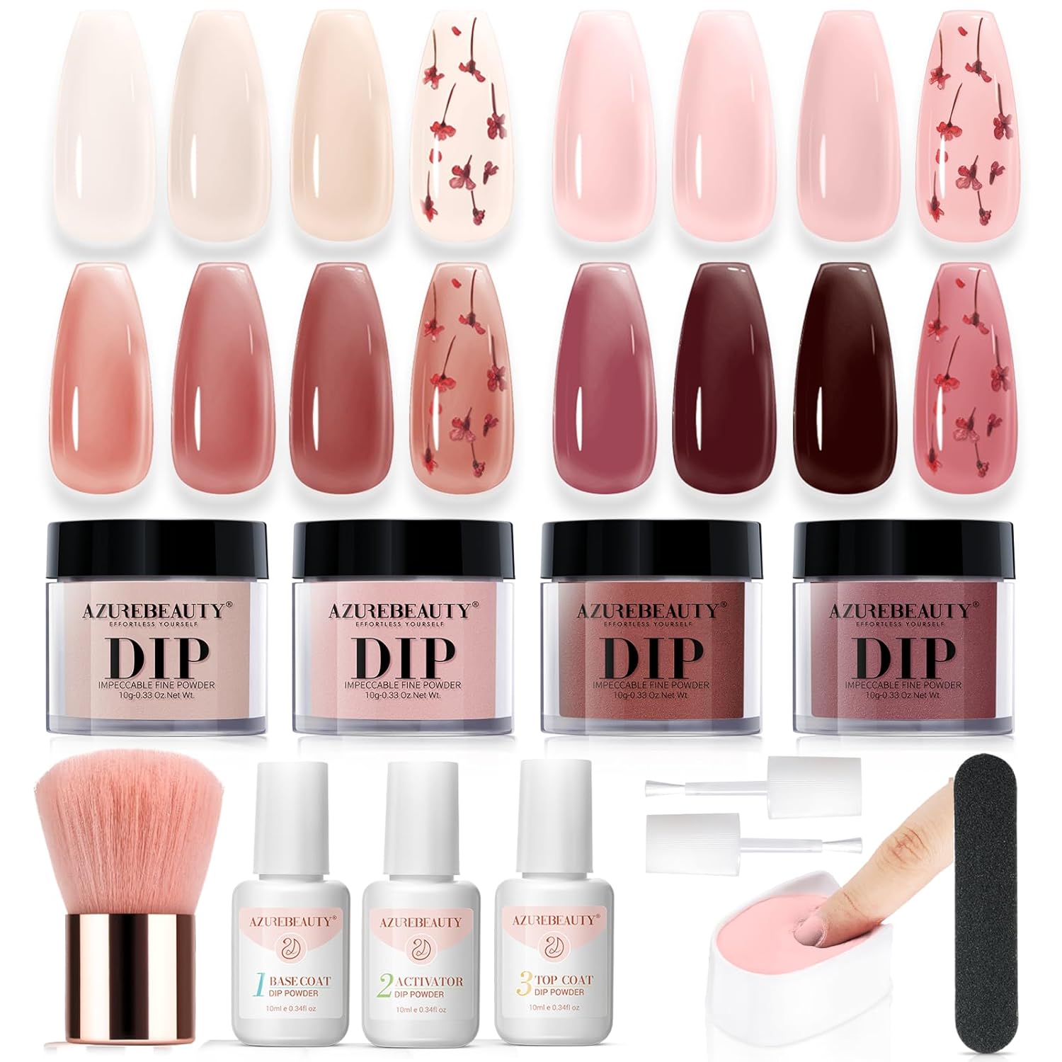 AZUREBEAUTY Dip Powder Nail Kit, 4 Colors Jelly Transparent with Dried Flower Set, Nude Brown Natural Dipping Powder Starter Liquid Set Recycling Tray with Base & Top Coat Activator