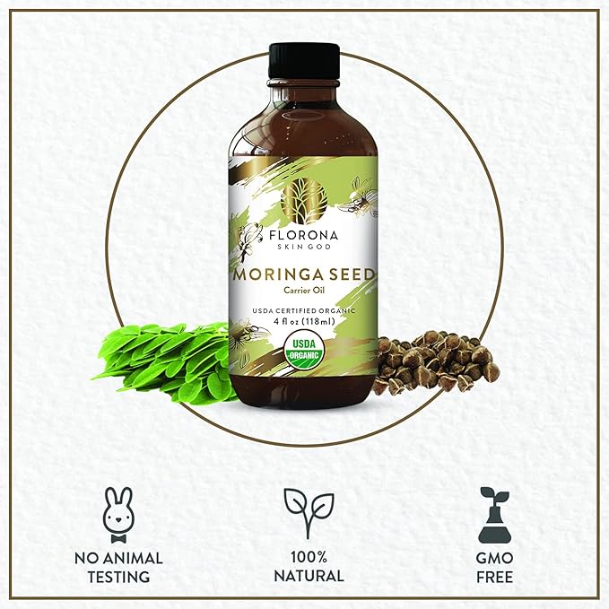 Florona Moringa Oil USDA Organic - 4 fl oz, for Hair, Face & Skin Care