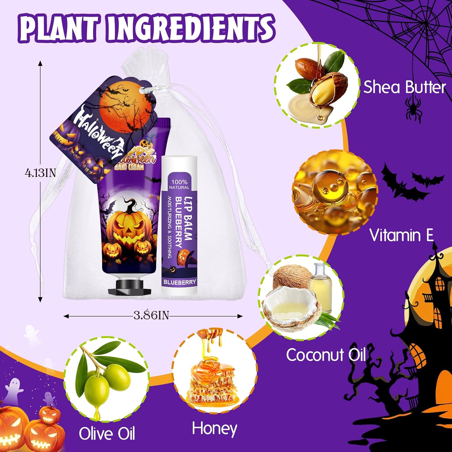 VESPRO 50 Pack Halloween Hand Cream and Lip Balm Set, Bulk Halloween Gifts with Halloween Cards and Organza Bag, Halloween Decorations and Halloween Party Favors Goodies for Women