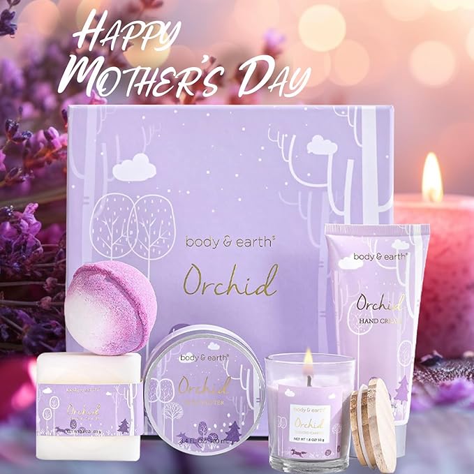 Spa Gifts for Women, Body & Earth 5 Pcs Gifts for Women Orchid Gift Sets, Bath and Body Womens Bath Gifts, Mothers Day Gift for Mom