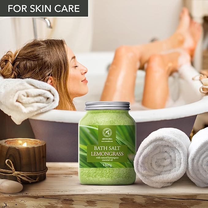 Bath Salts w/Natural Essential Lemongrass Oil 46 Oz (1300g) - Sea Salt Bath for Good Sleep - Bathing - Body Care - Wellness - Beauty - Relaxation - Aromatherapy - Spa - Bath Supplement