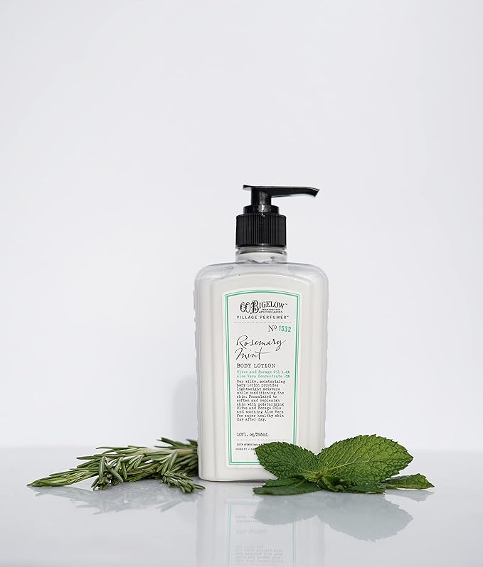 C.O. Bigelow Rosemary Mint Moisturizing Body Lotion for Women and Men, Village Perfumer Lotion with Olive Oil, Borage Oil, and Aloe Vera, 10 fl oz