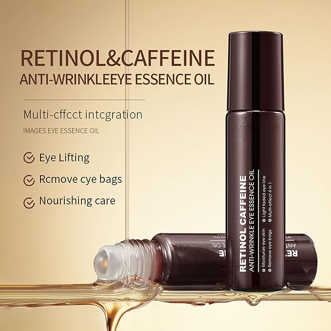 Retinol Caffeine Under Eye Roller Serum, Eye Serum for Dark Circles and Puffiness with 360° Roller Massage Ball, Reduce Wrinkles & Fine Lines, Non-Greasy Nourish Moisturize Lifts Firm Skin