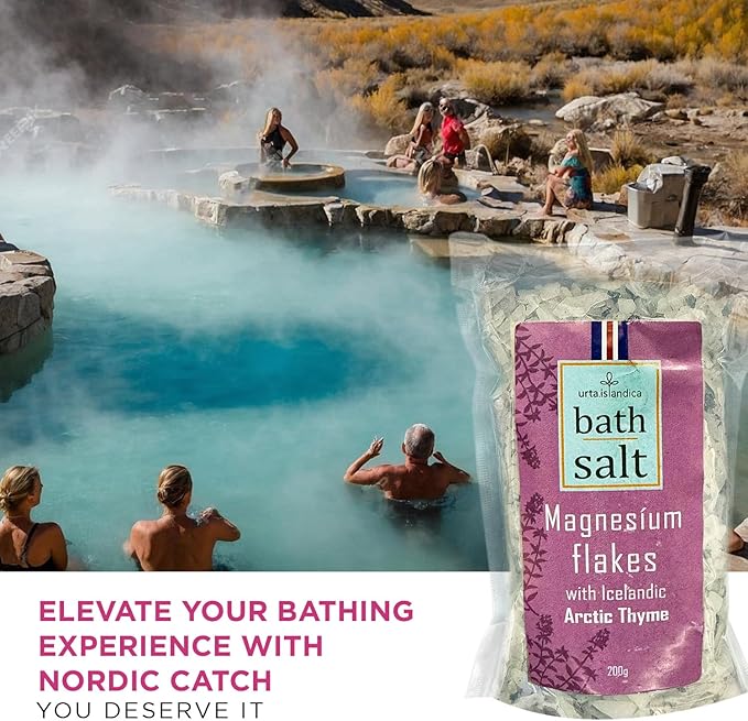 Magnesium Bath Salts with Icelandic Arctic Thyme 200g - Luxury Alternative to Epsom Salt Bath Soak, Magnesium Flakes Sitz Baths, Foot Soaks, Magnesium Chloride Relaxing Magnesium Soak