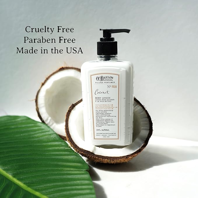 C.O. Bigelow Coconut Moisturizing Body Lotion for Women and Men, Village Perfumer Lotion with Olive Oil, Borage Oil, and Aloe Vera, 10 fl oz
