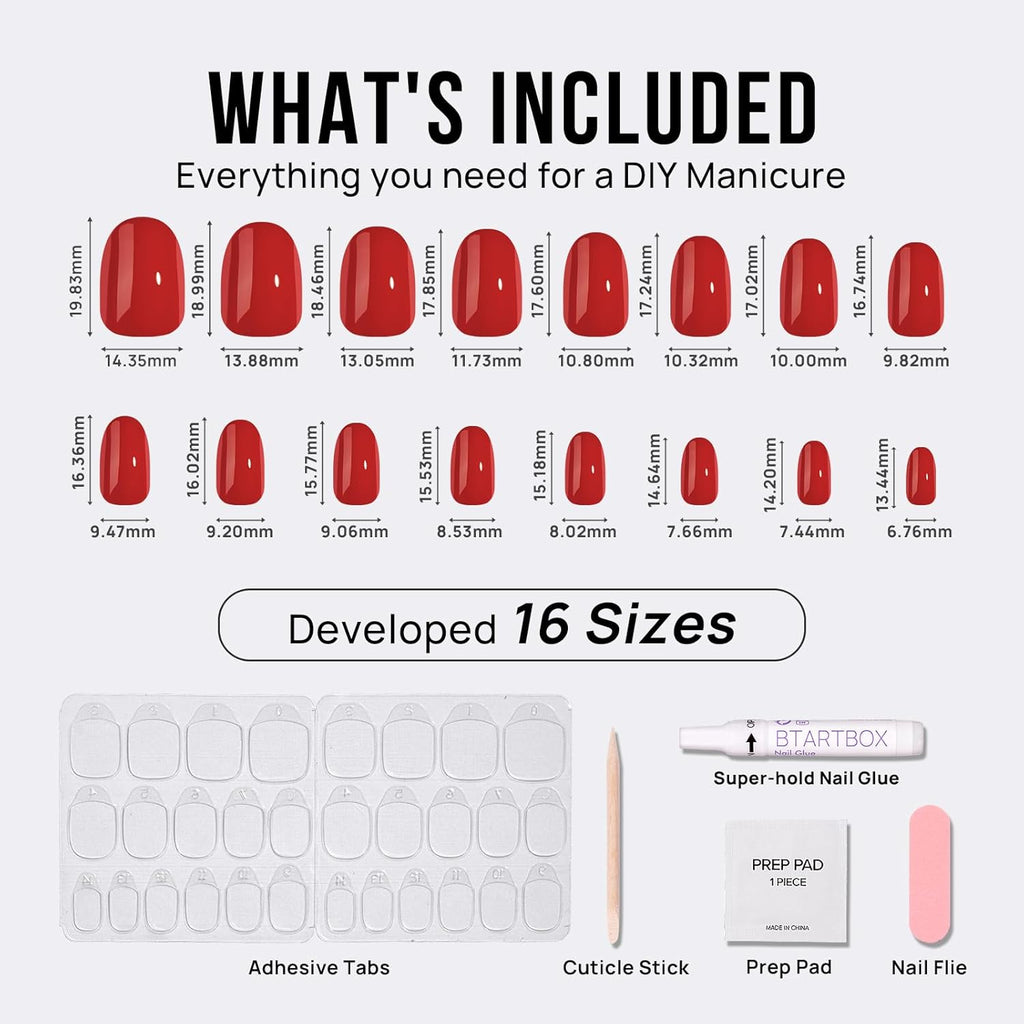 BTArtbox Press On Nails Short - Red Press on Nails, Short Oval Fake Nails with Nail Glue, Natural Reusable Glue On Nails in 16 Sizes Soft Gel Nail Kit, Mulled Wine