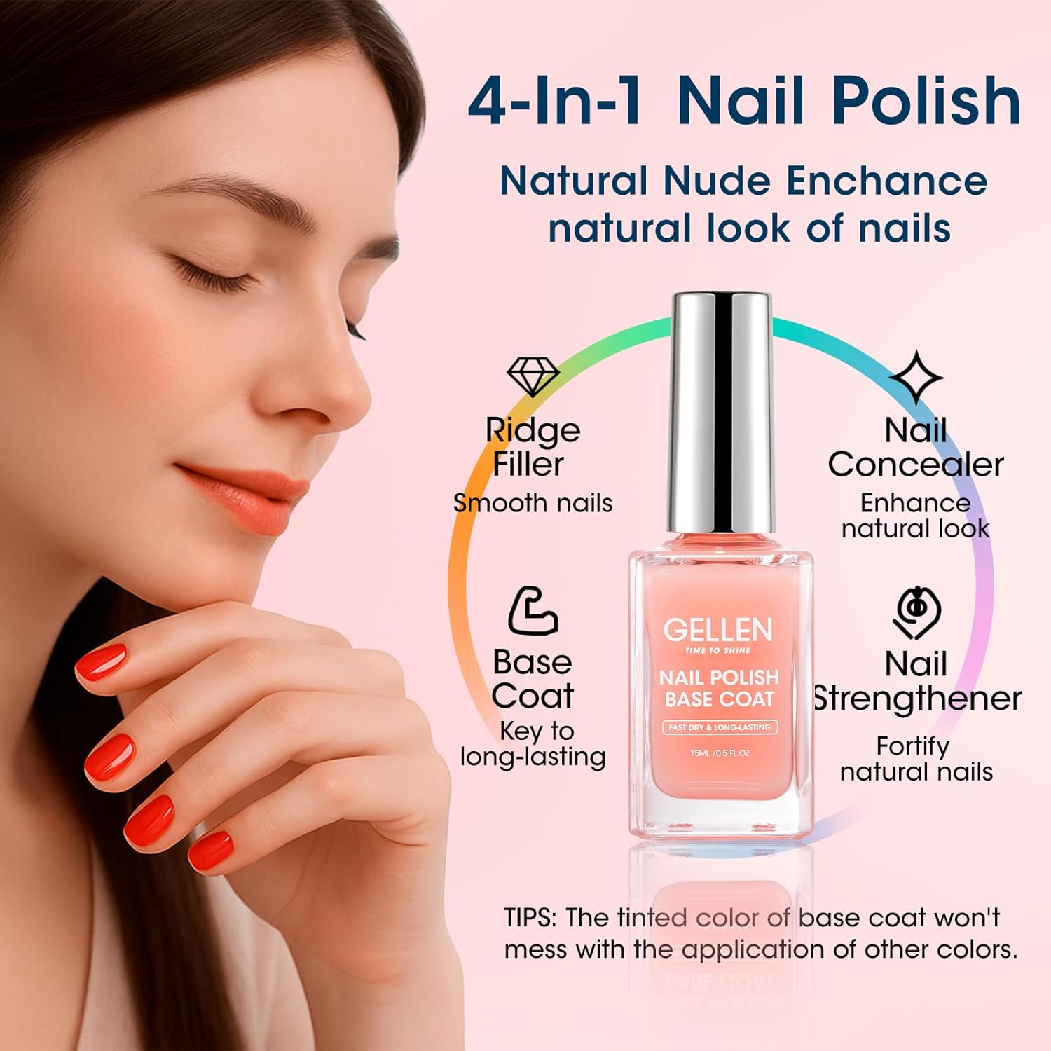GELLEN Clear Nail Polish Base Coat Sheer Tinted Nude, Natural Color Regular Nail Polish, Calcium Formula Strengthens Nails, Enhances Natural Look, Quick Air Dry, Anti-Yellowing, Hema Free, Non-toxic