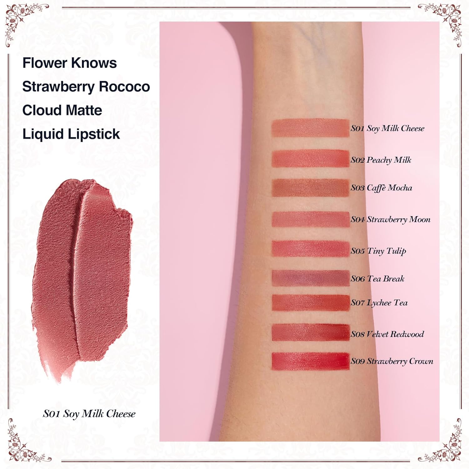 Flower Knows Strawberry Rococo Cloud Lip Cream,Velvety Matte Liquid Lipstick,Nude Lipstick,Long Lasting Lip Stain,Kiss-proof Blurred Lipstick for Girls&Women,0.12 Fl Oz(S01 Soy Milk Cheese)