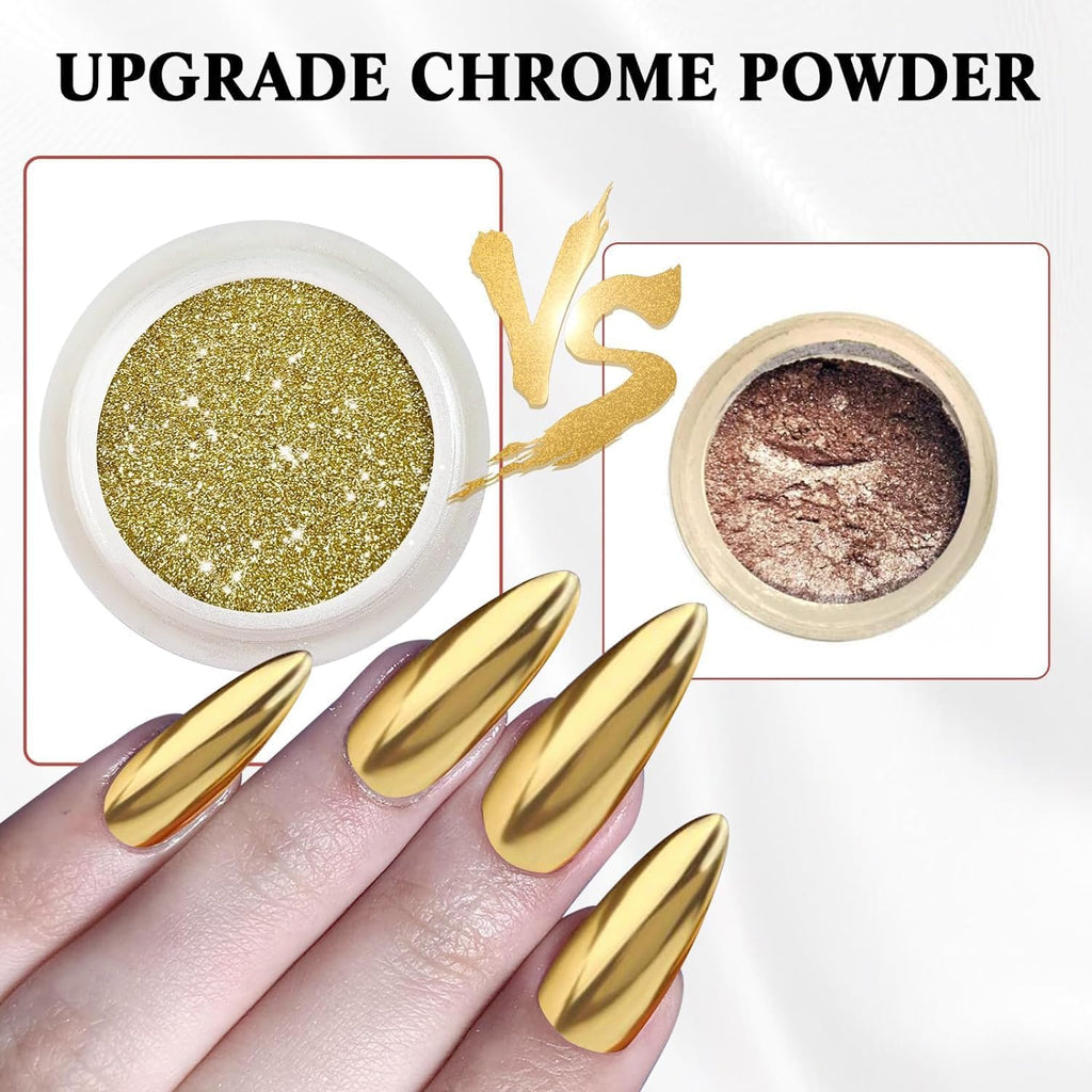 2 Jars Chrome Nail Powder：Mirror Effect Gold Chrome Nail Powder,Metallic Mirror Silver Chrome Powders Decoration for DIY Nail Art,Pigment Holo chrome powder with 4 Eyeshadow Sticks