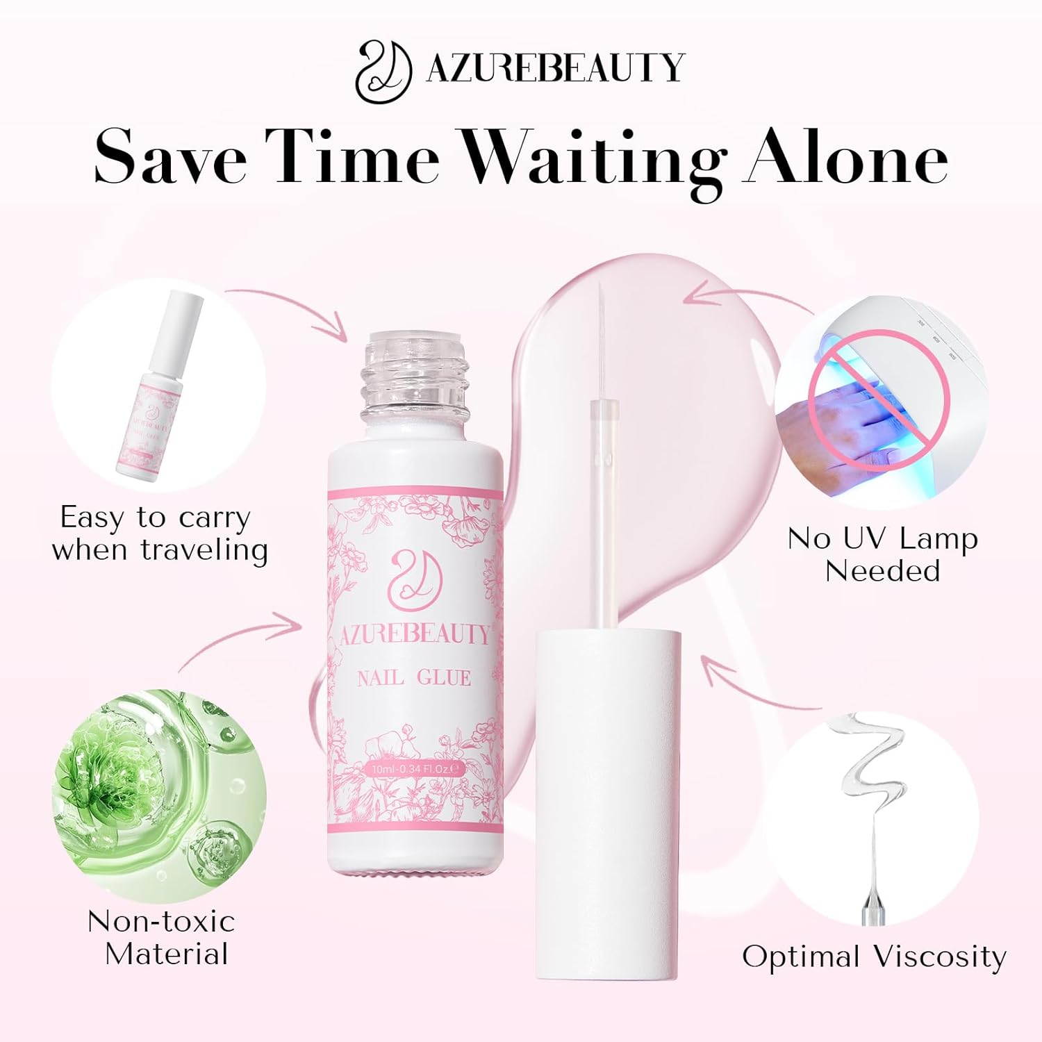 AZUREBEAUTY 30ml Nail Glue, 5 in One for Strong Nail Tips,Press On Nails and Repairs Natural Nails, Bond for Acrylic Nails, No UV Lamp Needed